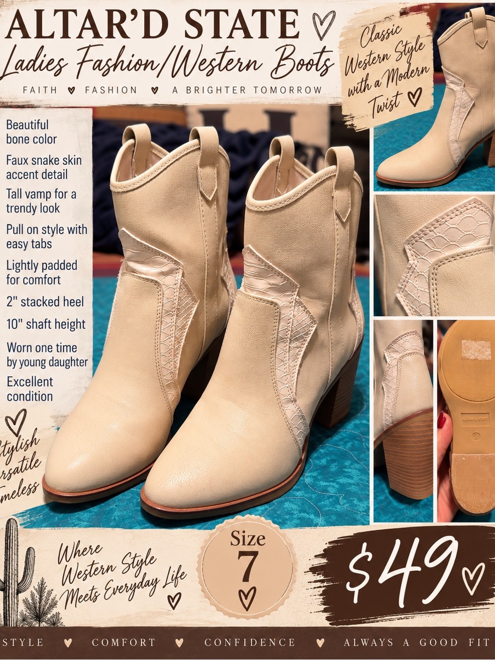 Altar'd State Bone Colored Stacked Heel Western/Fashion10in Ankle Boot